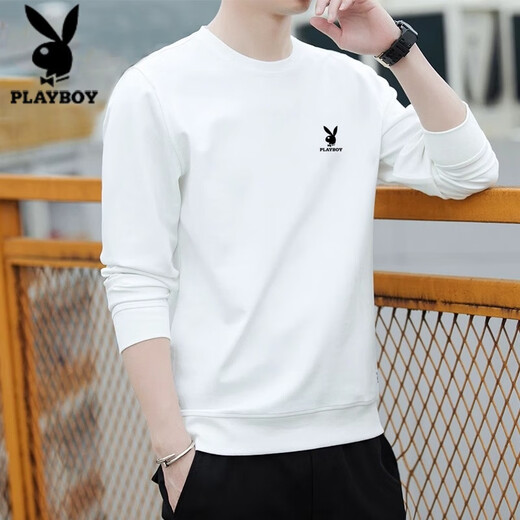 Playboy (PLAYBOY) men's sweatshirt long-sleeved tops plus velvet bottoming shirt men's spring and autumn new simple round neck pure cotton loose large size sweatshirt black regular style XL (recommended 115-125Jin Jin equals 0.5 kg)
