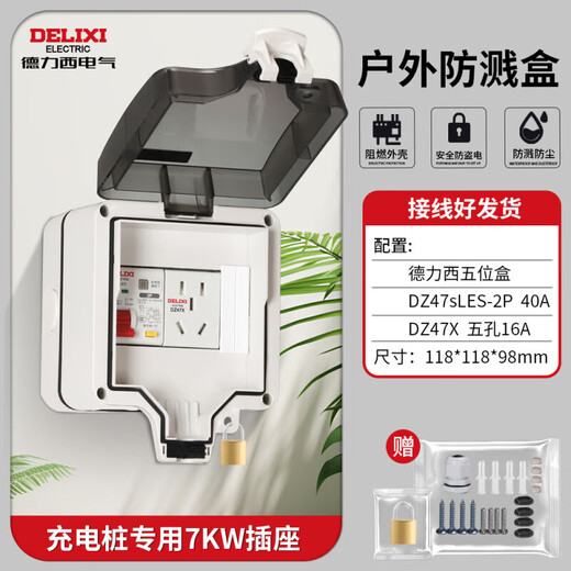 Delixi Electric External Waterproof Distribution Box Surface-mounted Rainproof Box Charging Pile Power Main Switch Leakage Protection Socket Open Box Charging Pile 7KW Special (Socket 16A)
