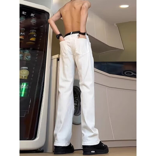 迪伽达 白色牛仔裤男士宽松秋季新款美式高街高腰窄版微喇显瘦裤子男 HCFS-2076白色 2XL