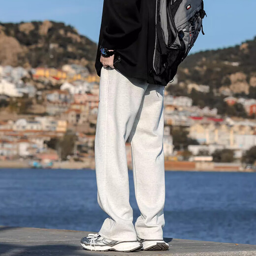 Homlean American retro casual pants for men in autumn, comfortable and versatile, loose and drapey wide-legged trousers an04 white gray XL