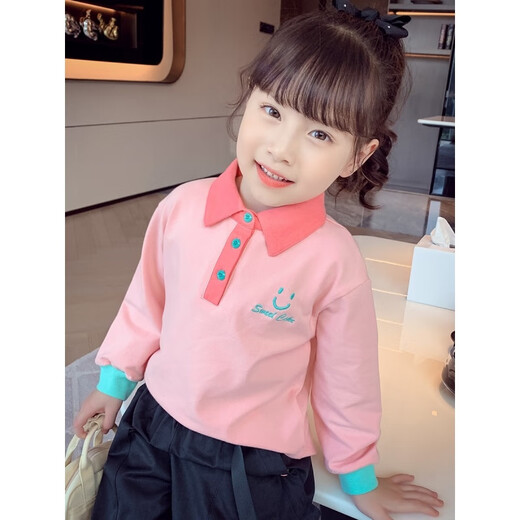 Nuo Dou Xiong girls long-sleeved lapel T-shirt spring and autumn new style 5 children's embroidered Polo shirt little girl Korean style bottoming top light pink 120 size