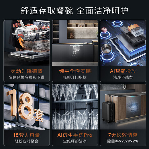 COLMO Turing Dishwasher T2 18 sets of large-capacity household embedded smart lifting bowl baskets, knock to open the door, imitation hand washing, ion heat drying, one-button sterilization and 7-day fresh storage, 18 sets of fully embedded dishwashers T2 (excluding panel)