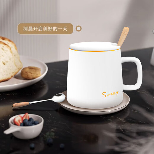 Chuanqi Ceramic Mug with Spoon Lid Coffee Cup Milk Cup Breakfast Cup Office Cup Men's and Women's Tea Cup Gold and White 400ml