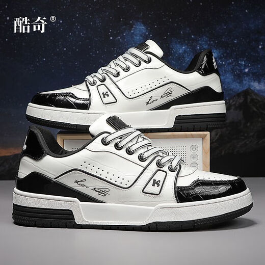 酷奇酷奇男鞋轻奢头层牛皮秋冬新款耐磨休闲复古时尚百搭男士板鞋 6622白黑 38