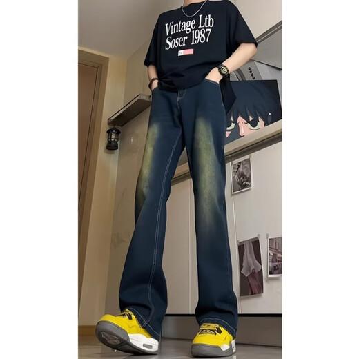 迪伽达 牛仔裤男士宽松春季新款美式高街微喇修身潮牌直筒阔腿裤子男 HCFS-9904藏青色 S