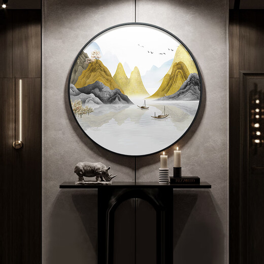 Paidan Xianmeng New Chinese Style Round Decoration Painting Entry Hall Decoration Painting Chinese Tea Room Background Wall Landscape Painting Ink Painting Lake and Mountain Color Diameter 60cm Aluminum Alloy Black Frame/Crystal Porcelain Surface