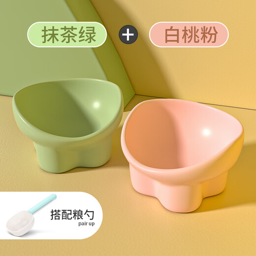 Qi Oh Cat Bowl Ceramic Cat Food Bowl Dog Bowl Food Bowl Cat Rice Bowl Large Diameter Water Bowl Slant Bowl Anti-Tip Bowl Pet Supplies Double Bowl + Grain Spoon Matcha Green + White Peach Powder
