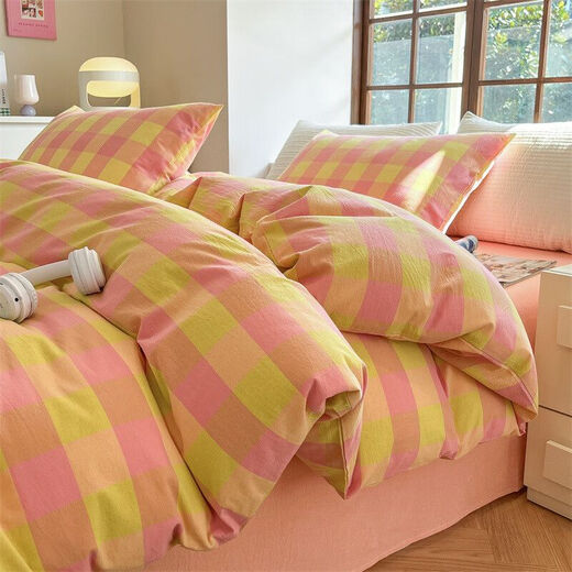 Yingyinguo four-piece bed set Japanese-style yarn-dyed washed cotton unprinted style sheets and fitted sheets bedding