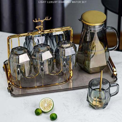 Camellia Valley cold kettle glass cup home set living room cold kettle cup holder light luxury high temperature resistant diamond pot (elegant gray) + 6 cups + deer stand + holder