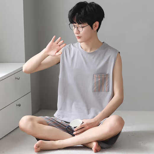 浪莎莫代尔睡衣男背心秋季薄款青年大码休闲家居服可外穿2件短裤套装 12023 L 建议95-120斤
