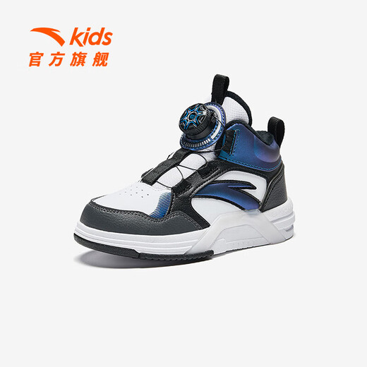 ANTA Children's Synthetic Leather Shoes Boys' Shoes 2024 Autumn Velvet Warm Anti-Slip Knob Button Synthetic Leather Boots High Top ANTA White/Black/Horizon Blue-2 31 Size