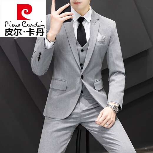 Pierre Cardin suit men's Korean casual business formal jacket slim fit groomsmen wedding dress no-iron suit knitted apricot two-button suit + pants + vest + shirt XL recommended 125-140 Jin Jin equals 0.5 kg