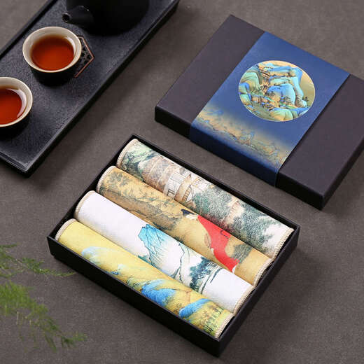 Baipinliang high-end new Chinese style super absorbent tea towel, ancient painting, Zen tea mat, velvet tea cloth, Kung Fu tea table gift box, 4 pieces in gift box (picture style shipped) No Specifications