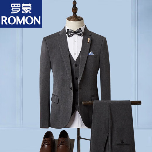 ROMON suit men's three-piece suit business formal casual small suit groomsmen groom wedding dress men's SJT1903 brown L