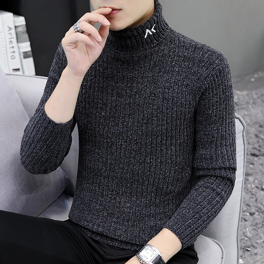 费洛仕秋冬季新款高领毛衣男士加厚款雪尼尔韩版潮流黑色保暖针织衫 695黑色 L
