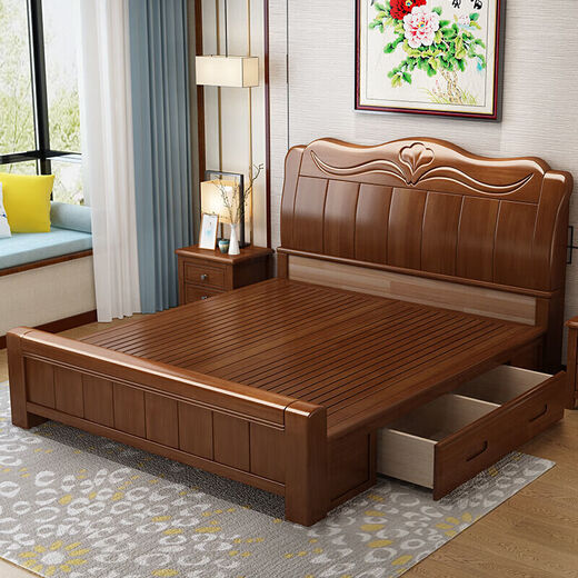Modern Chinese double bed rubber wood solid wood bed 1.5m bed home bedroom 1.8m storage large bed wedding bed single bed color please note 1800*2000mm frame structure