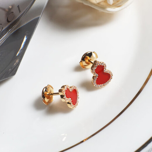 Fat Donglai's same style 18kl rose gold gourd earrings, national fashion red agate chrysoprase 18K rose gold with diamonds and red agate (with flying saucer ear plugs)