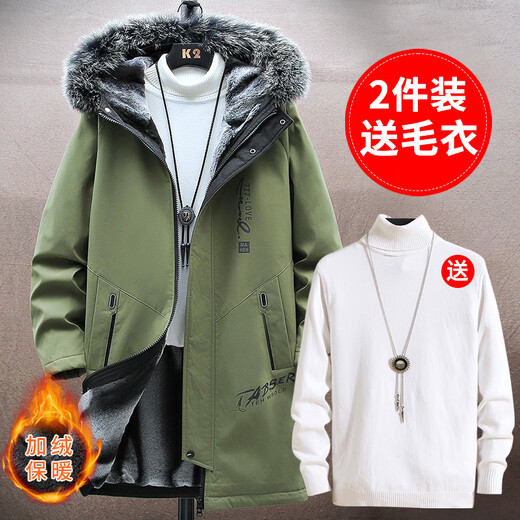 Silk windbreaker men's winter style plus velvet warm mid-length coat winter hooded loose coat men JR917 off-white + G01 white sweater XL (recommended 120-130Jin Jin equals 0.5 kg)