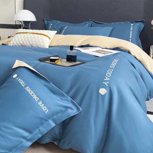 Derenxin bed four-piece bed quilt cover sheet pillowcase single and double bedding washed cotton brushed embroidered quilt cover sheet Bentley blue (light luxury embroidery style) single bed three-piece set - suitable for 150*200 quilts