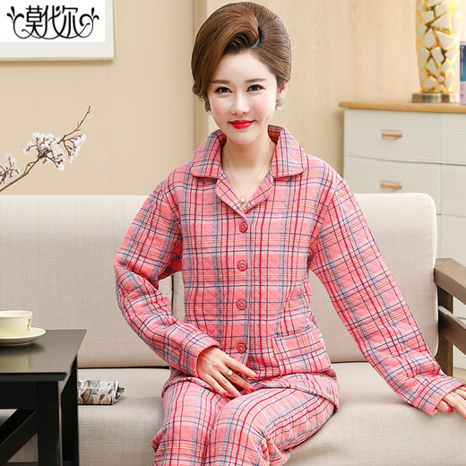 Modal autumn and winter sandwich pajamas for women pure cotton thickened thin quilted fat mm plus size air cotton home clothes middle-aged women 12146 XL recommended 120-140Jin Jin equals 0.5 kg