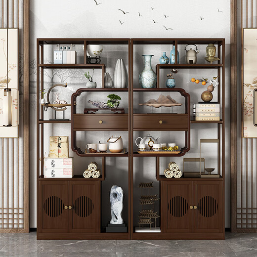 Sizhuge new Chinese style living room floor-standing ancient shelf Duobaoge tea tea room storage rack tea cabinet tea set display shelf combination style-3 piece set
