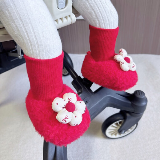 米嘟尔婴儿秋冬季6-12个月加厚加绒保暖0-1岁新生儿红色新年步前棉鞋袜 米-红点结（红色-婴儿绒袜口鞋） 12.5 M 内长12.5CM建议7-15个月