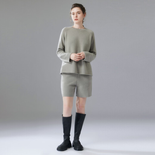 Mushi Cashmere Suit Women's Cashmere Sweater and Cashmere Shorts Women's Autumn and Winter New Knitted Suit Cashmere Sweater Thick AS551 Gray Green M