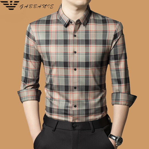 奇阿玛尼亚耐ke桑蚕丝长袖衬衫男装秋季新款格子休闲免烫高端衬衣 9856卡其 9856卡其 S 165/80A建议100-120斤