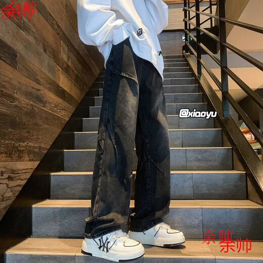 余帅（YU SHUAI）牛仔裤男春秋新款美式高街复古重磅潮流拼接裤子宽松阔腿直筒男裤 YC-7260黑色 L