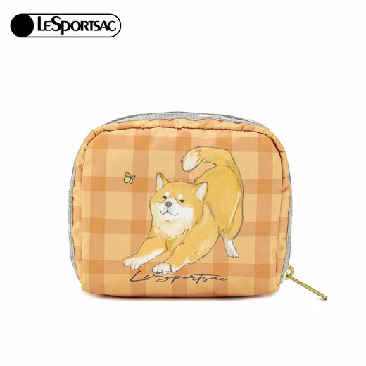 LeSportsac Lebo Poetry Bag Women's Bag New Cartoon Coin Headphones Makeup Storage Clutch for Girls Gift Orange Plaid Shiba Inu