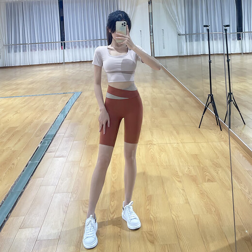 LULUUVTTOH yoga clothing set for women Pilates training quick-drying elastic breathable running tight sports fitness dance clothing brown top L