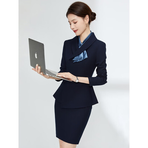 ROMON work clothes, professional suits for women, spring and autumn formal wear, hotel manager front desk jewelry store work clothes, professional suits for women, long-sleeved suit + pants (navy blue) L