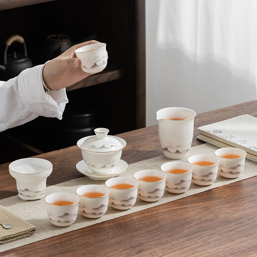Gold inlaid jade mutton fat jade porcelain tea set white porcelain complete set ceramic Kung Fu tea set men's gift housewarming wedding moving gift Yunhai painted gold mutton fat jade porcelain tea set