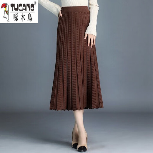 Woodpecker (TUCANO) Wool Knitted Skirt Women's Thickened Mid-Length 2025 Autumn and Winter New Wool One-Step Skirt Pleated Hip Skirt Dark Gray M Size Recommended 96-115 Jin Jin equals 0.5 kg