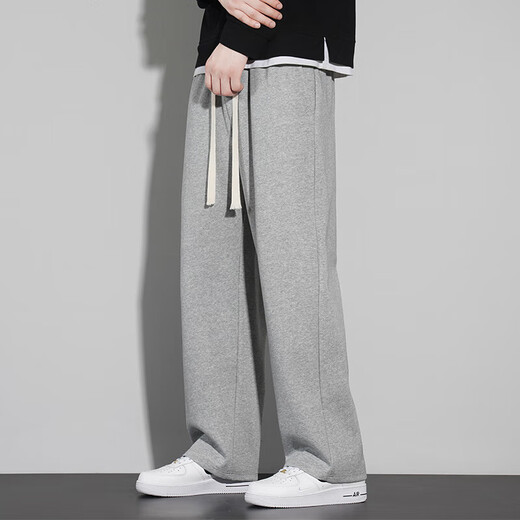 FANTA Chinese cotton heavy hemming style spring and autumn men's straight casual sports trousers Hong Kong style loose Anta 660 light gray Hailan S