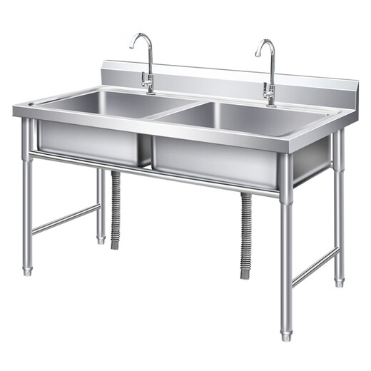 Shantou Lincun stainless steel sink kitchen dishwashing basin with bracket sink vegetable sink single double three-slot commercial dishwashing pool household double pool length 100 width 50 height 80 0.6 thickness double pool