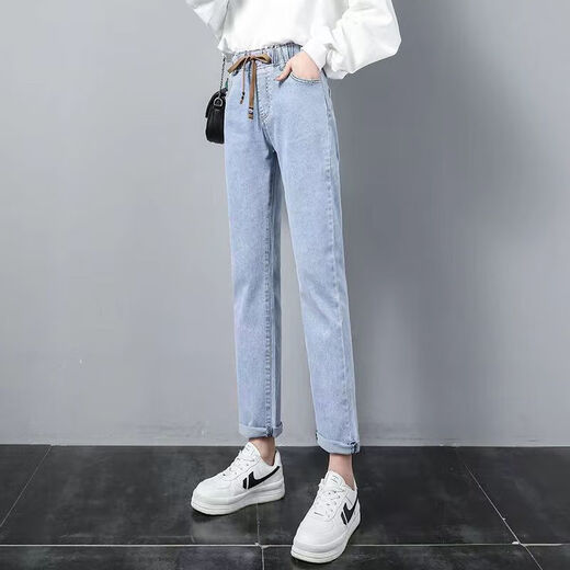 腿中狼月袖小直筒牛仔裤女松紧腰春款2023年新款高腰显瘦弹力裤子修身烟 9928款【蓝灰色】 2XL 建议125-135斤