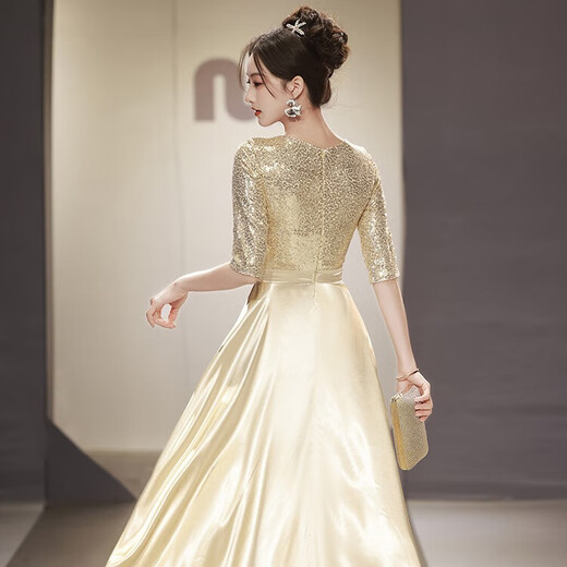 Li Baixin champagne color choir dress performance evening dress female host adult conductor uniform stage competition performance clothing champagne color L recommended 100-110Jin Jin equals 0.5 kg