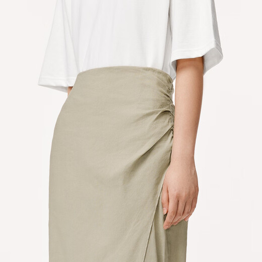 
LESS summer temperament casual cotton linen pleated slit skirt fashionable modern city long waist skirt 2O5D12040 355 squid blue S