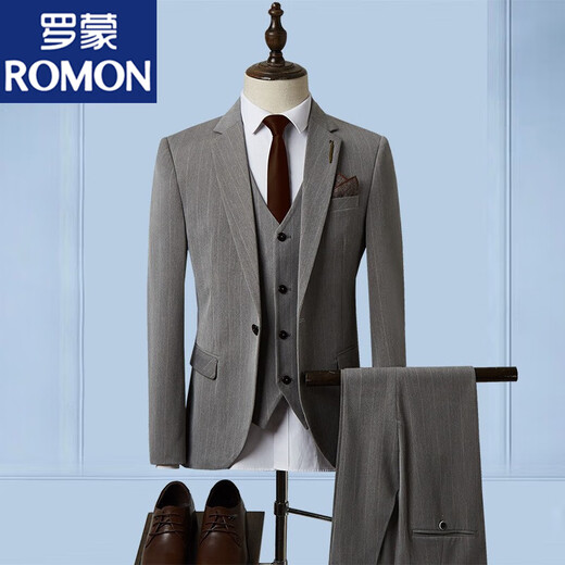 ROMON suit men's three-piece suit business formal casual small suit groomsmen groom wedding dress men's SJT1903 brown L