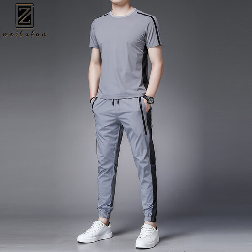 WEIBUFAN sports suit men's summer casual outdoor sportswear short-sleeved ice silk quick-drying T-shirt men's running wear fitness clothes 9805 medium gray XL (130-145Jin Jin equals 0.5 kg)