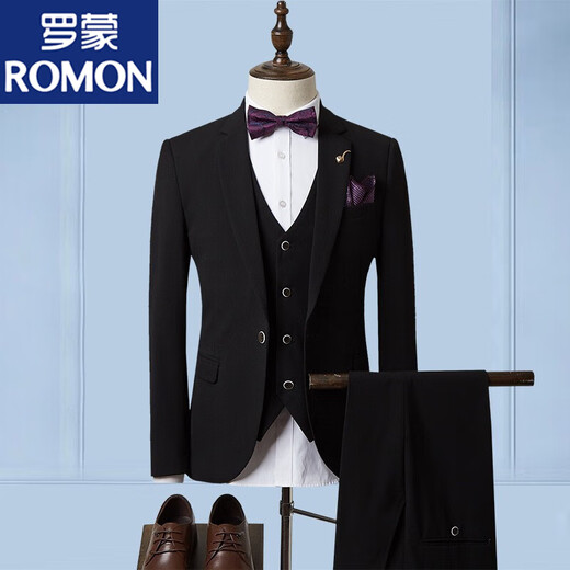 ROMON suit men's three-piece suit business formal casual small suit groomsmen groom wedding dress men's SJT1903 brown L