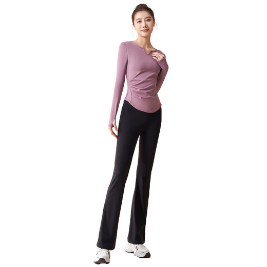 Lu Geli yoga wear women's sports suit long-sleeved quick-drying women's fitness running wear bell pants Pilates training set V-neck yoga wear set M recommended 90-110Jin Jin equals 0.5 kg