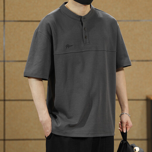 Ten Cranes American Retro Polo Shirt Men's Short Sleeve Loose Casual Half Sleeve Men's Summer Large Size Men's Henley Collar T-shirt Light Brown 2XL (160-180Jin Jin equals 0.5kg)