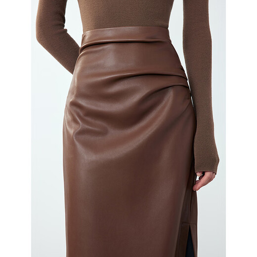 Langzi retro high-waist straight temperament slim slim leather skirt mid-length commuter casual skirt new winter style dark coffee color 2 M