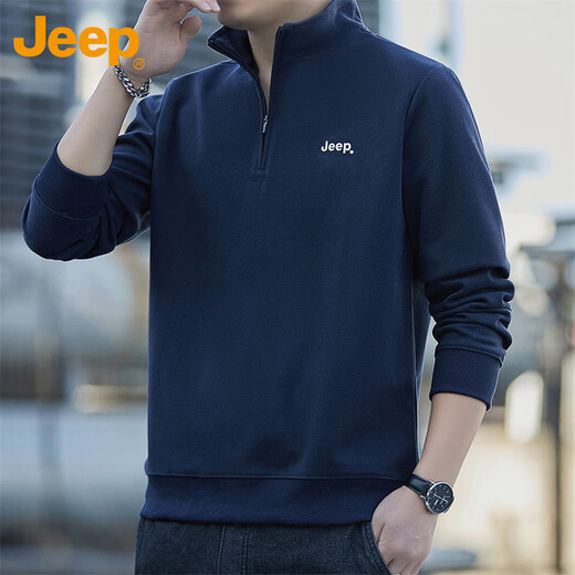 Jeep (JEEP) sweatshirt men's autumn and winter loose stand-up collar long-sleeved T-shirt men's heavy trend clothing men's navy blue 2XL