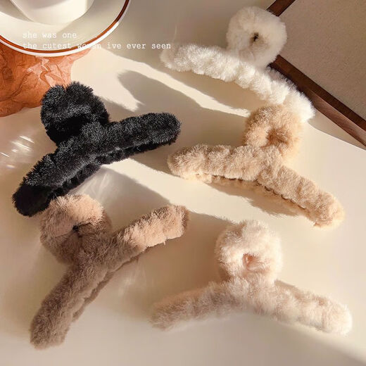 Jiuvia plush hairpin back of head hair catcher autumn and winter temperament simple furry hairpin large hairpin shark clip disc hair accessories JYFJ09 gray large plush clip 13cm