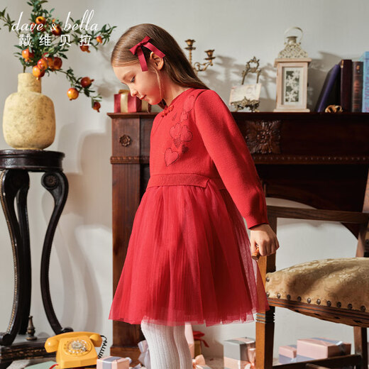 David Bella medium and large children's sweater dress winter dress girls Chinese style New Year red fake two-piece skirt