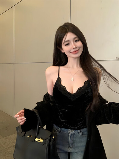 Landolan French sexy gold velvet pure lust lace camisole for women with breast pads, high-end slim bottoming top, white, one size fits all