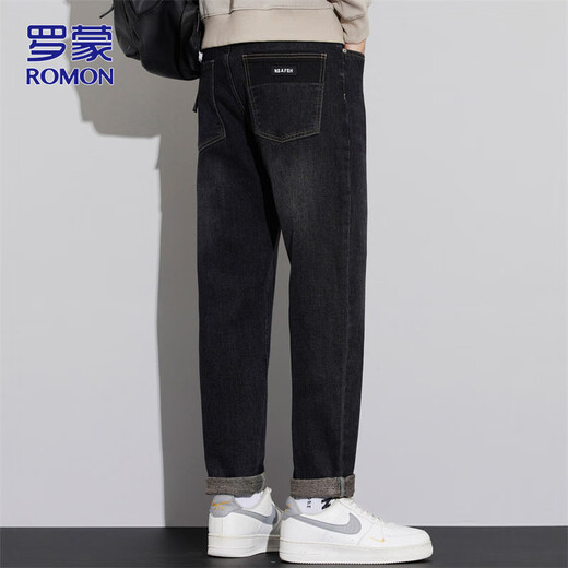 ROMON jeans men's elastic pants men's autumn and winter straight casual pants men's slim trousers black 32